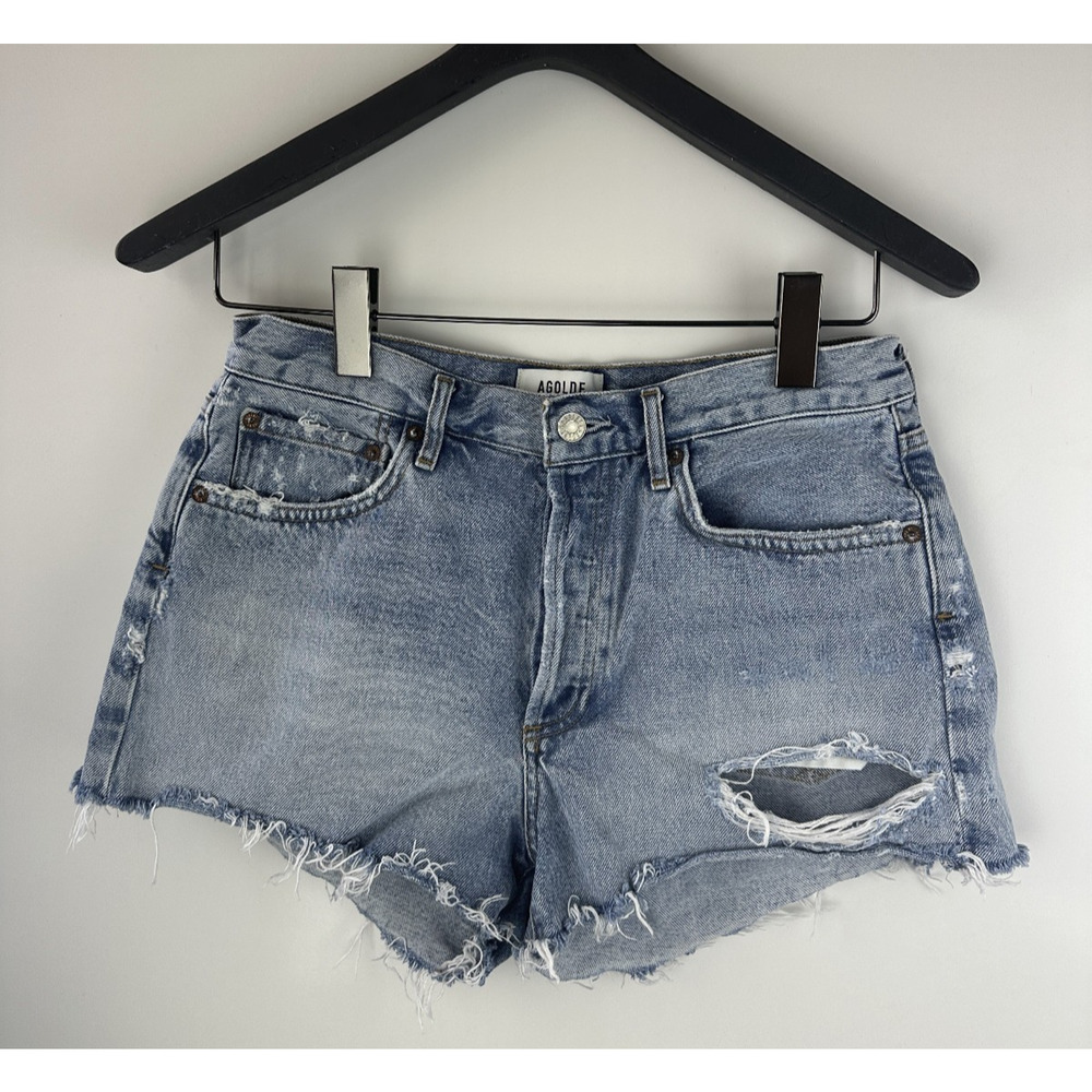 Agolde Parker Cut Off Distressed Jean Shorts Raw Hem Blue Denim Women's Size 27 - Picture 2 of 12